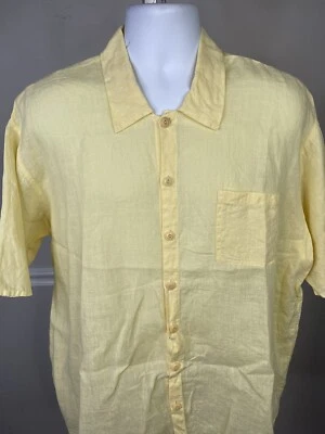 VTG FLAX Jeanne Engelhart Shirt Yellow 100% Linen Men’s M Short Sleeve Pocket - Image 1 of 4