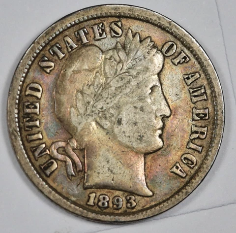 1893 Barber Dime.  Pretty Album Toning Obverse and Reverse.  VF.  186275 Cover