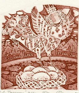 Pájaro mítico, grabado numerado original ex libris de Olga Samosyuk - Imagen 1 de 2