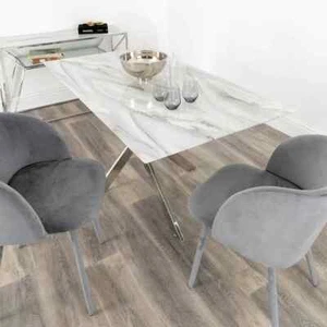 Stylish Designer Marble Glass Dining Table Seats 6 8mm Glass w/ Silver Legs - Picture 1 of 10