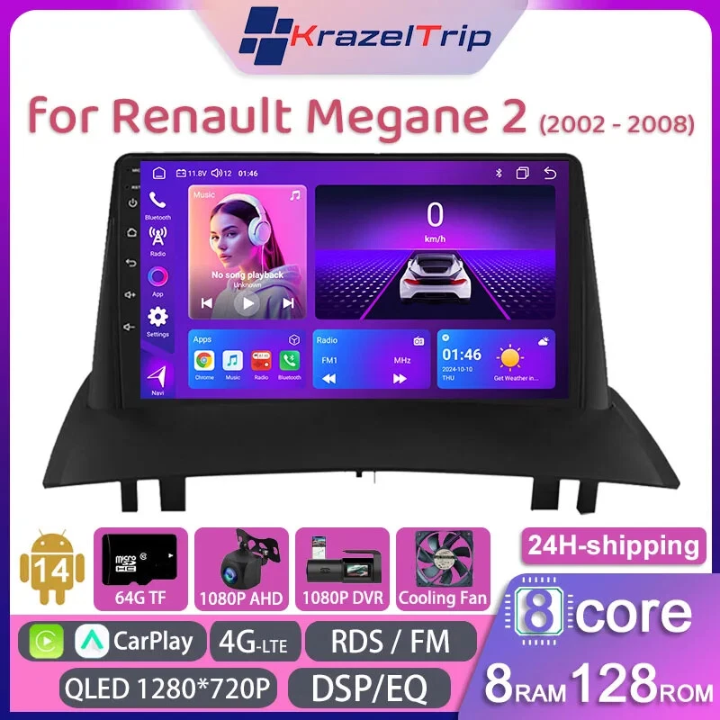 8 Core QLED Car Radio for Renault Megane 2 2002-2008 Carplay Android Auto 4G DSP - Image 1 of 4