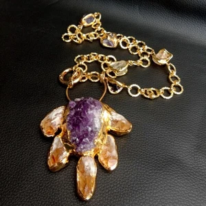 Amethyst Citrine Big Pendant Necklace Gold Plated Chain Necklaces Jewelry - Picture 1 of 6