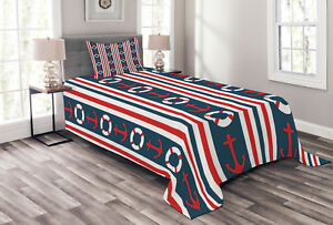 Nautical Quilted Bedspread & Pillow Shams Set, Stripes Maritime Icons Print