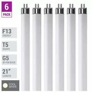 6 Pack F13T5 Fluorescent Tube 21" 13W Watt Mini Bi 2-Pin G5 4100K Cool White - Picture 1 of 4