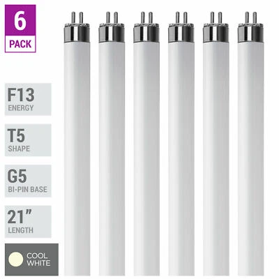 Paquete de 6 tubos fluorescentes F13T5 21" 13W vatios Mini Bi 2 pines G5 4100K blanco frío Foto 1 de 4