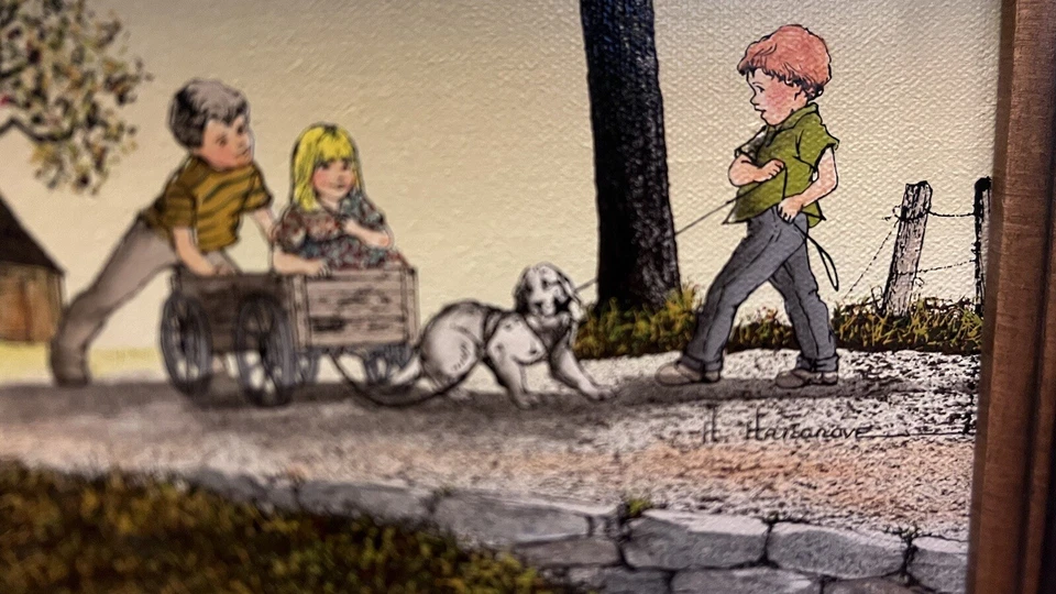 Dog Won't Pull  Wagon H Hargrove Framed 12 x 14  Painting on Canvas - Imagem 1 de 4