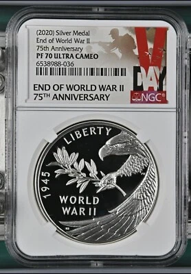 2020 P End of World War 2, II 75th Anniversary 1oz Silver Medal Eagle NGC PF70 - Image 1 of 4