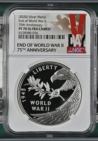 2020 P End of World War 2, II 75th Anniversary 1oz Silver Medal Eagle NGC PF70 Cover