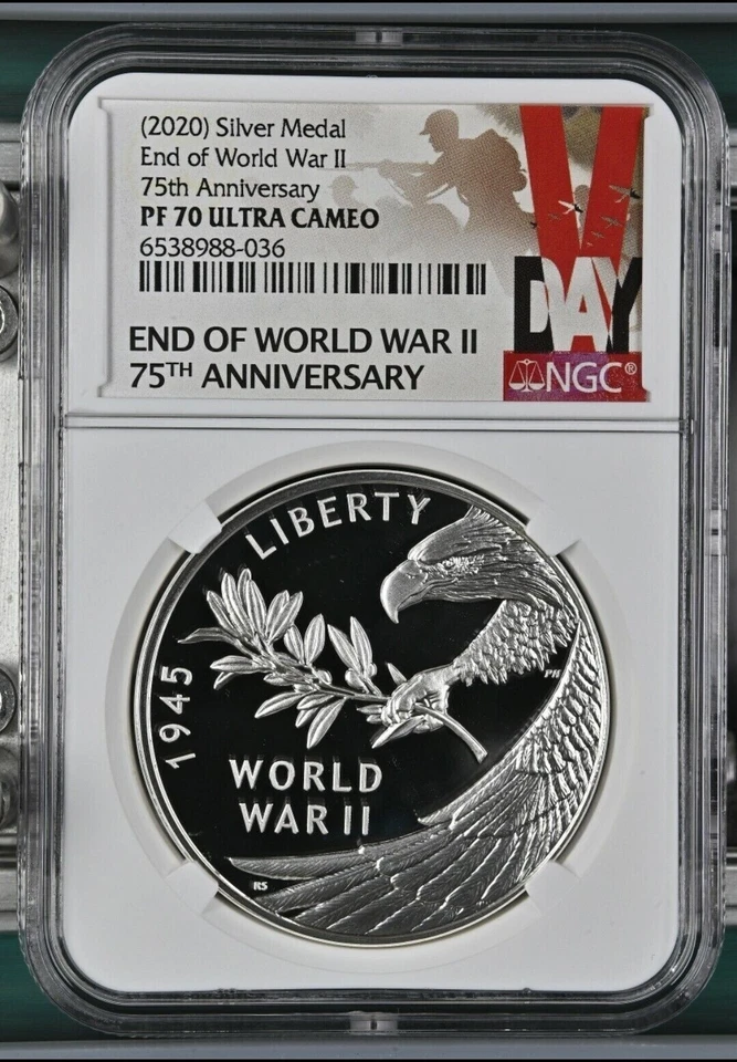 2020 P End of World War 2, II 75th Anniversary 1oz Silver Medal Eagle NGC PF70 - Image 1 of 4