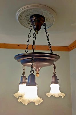 297 Antique 1910's - 1920's Victorian Glass Shade Light Fixture Lamp Chandelier - Image 1 of 4