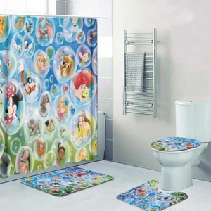New! Disney Bubble Characters Print Shower Curtain Bath Mat Toilet Lid Cover Mat - Picture 1 of 9