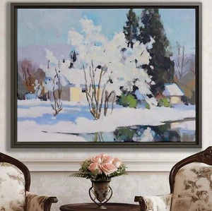 Winter Landscape Oil Painting Canvas Wall Art Framed Rustic Decor Scenic Artwork - Picture 1 of 9