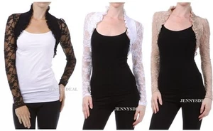 NUEVO LINDO PROM FORMAL SEMI TRANSPARENTE ENCAJE MANGA LARGA ENCOGIMIENTO DE HOMBROS BOLERO CHAQUETA CORTA S-3X - Imagen 1 de 4