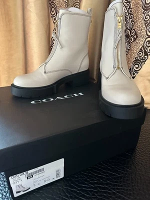 Nuevo COACH Marfil Cuero Cremallera Frontal Botines Liza Grueso Blanco Tiza Botín 9 B Foto 1 de 4