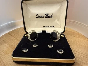 Vintage Steven Mark Rhinestone Onyx Cufflinks Tuxedo Studs - Picture 1 of 2