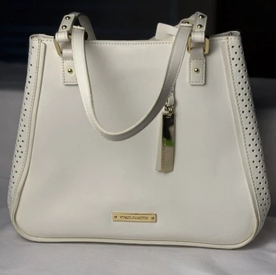 Vince Camuto White Leather Handbag Satchel Gold Accents Hardware - Image 1 of 4