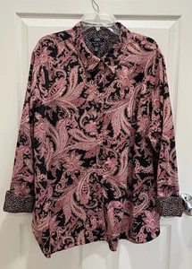 CHAPS Womens 3X Shirt Pink Black Paisley Button Up No Iron Flip Cuff Long Sleeve - Picture 1 of 8