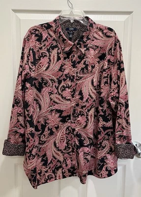 Camisa CHAPS Mujer 3X Rosa Negra Paisley Abotonada Sin Hierro Puño Abatible Manga Larga Foto 1 de 4