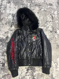 VTG Y2K CHRISTIAN AUDIGIER ED HARDY FUR PUFFER JACKET BIG LOGO WOMENS Y2K - Picture 1 of 6