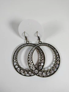 Large Hoop Dangle Drop Pierced Earrings Rhinestone Brass - Picture 1 of 5