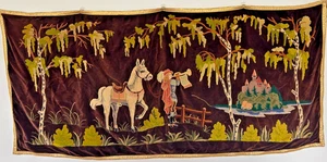 Rare Handmade Mid-Century Hooked Tapestry Romantic European Folk Hunting Large - Picture 1 of 16