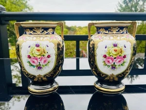 A Pair of Antique Noritake Japanese Porcelain Gilt Floral Vases - Picture 1 of 24