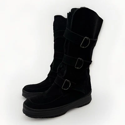 AQUATALIA FUR LINED TALL SUEDE BUCKLE BOOTS Zip Comfort Women 8.5 Platform Black - Image 1 of 4