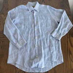 Vintage Paul Stuart Linen Button Up Shirt Mens Italy Medium Blue Long Sleeve - Picture 1 of 9