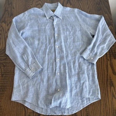 Vintage Paul Stuart Linen Button Up Shirt Mens Italy Medium Blue Long Sleeve - Image 1 of 4