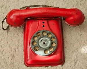 1940's Metal Masters Tin Toy Red Rotary Dial Telephone - Picture 1 of 1