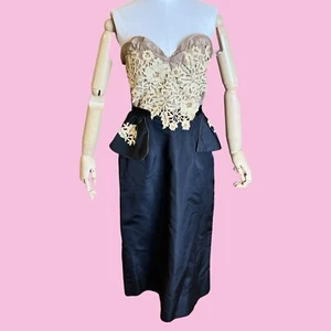 Vintage 1950s Beige Black Cocktail Bodycon Lace Pearl Rhinestone Formal Dress - Picture 1 of 14