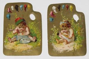 LOTTO 2 CARTE COMMERCIALI VITTORIANE VINTAGE PALETTE PITTORI BAMBINI CARINI NO PUBBLICITÀ - Foto 1 di 5