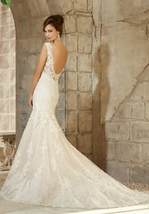 Morilee Bridal 5363 Wedding Dress Lace Fit Flare Mermaid V Neck Gown Ivory Sz 14 - Picture 1 of 3