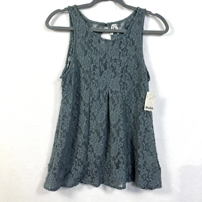 Mudd All Over 蕾丝秋千背心女式 M 码蓝绿色花卉透明上衣仙女奇思妙想 — 第 1/4 张图片