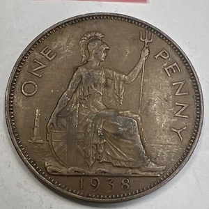 1938 British One Penny Copper -- Little Worn, Free Shipping       Lot # 72.w.10 - Picture 1 of 7