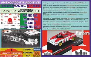 ANEXO DECAL 1/43 LANCIA STRATOS A.BALLESTRIERI R.SANREMO 1974 DnF (02) - Picture 1 of 1