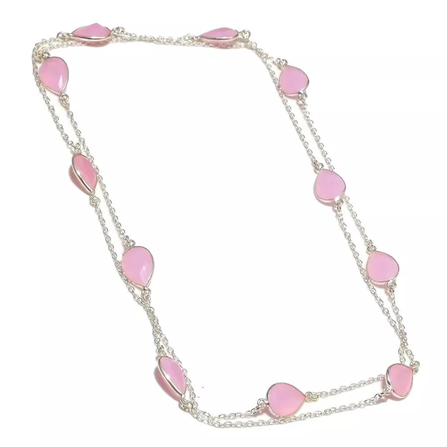 Collares de joyería de plata de ley 925 hechos a mano con piedras preciosas de cuarzo rosa talla 36" Foto 1 de 1
