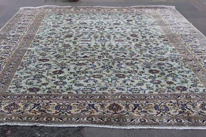 Alfombra grande vintage hecha a mano tradicional oriental de lana verde gris 384x293 cm - Imagen 1 de 20