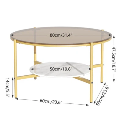 Large Round Coffee Table Accent Side Table with Smoked Glass Top & Marble Shelf - Image 1 of 4