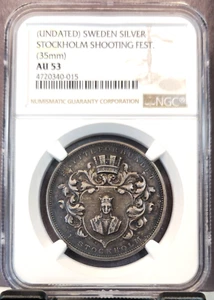 UNDATED SWEDEN SILVER STOCKHOLM SHOOTING FESTIVAL MEDAL NGC AU 55 TOP POP 1 - Picture 1 of 3