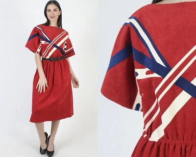 Vtg 60s Red Suede Dress Americana Mod Leather Bell Slv Cocktail Pockets Midi - Image 1 of 4