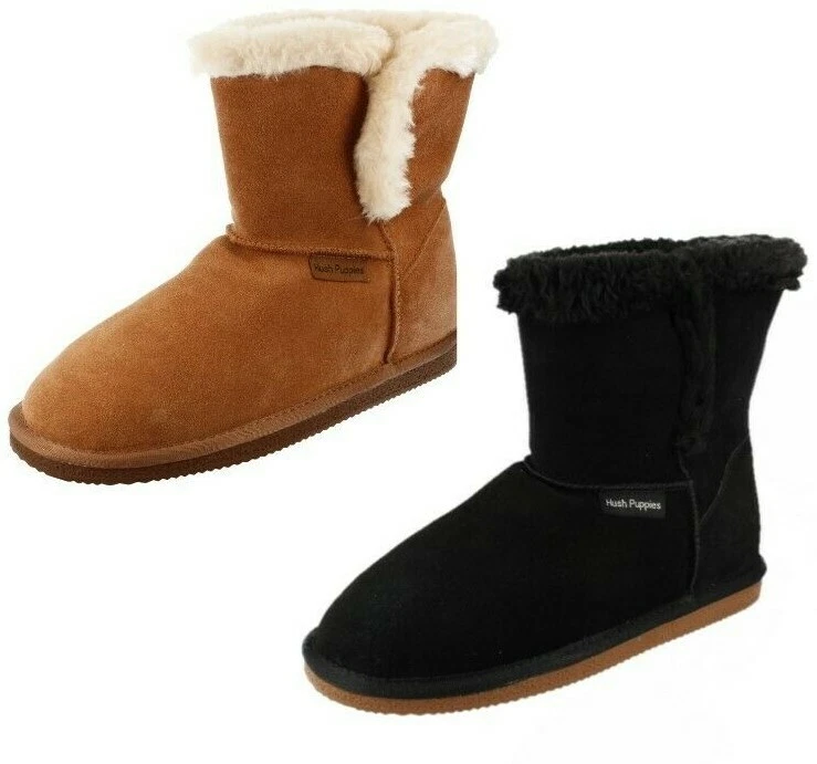 Ladies Hush Puppies Black or Tan Suede Fur Trim Slipper Boots : Ashleigh - Image 1 of 1