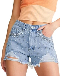 Size Medium US Women Denim Shorts Mid Rise Ripped Jeans Frayed Raw Hem Bling - Picture 1 of 6
