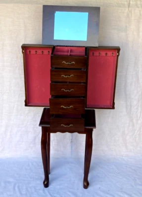 Vintage Wooden Queen Anne Style Jewelry Armoire - Lined Jewelry Compartments - Image 1 of 4