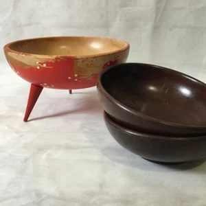 Vintage Specht Holzgeschirr Schüssel Set drei Fuß rot Süßigkeiten Snack Distress Japan - Bild 1 von 10