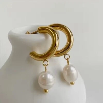 Dangle Pearl Earrings Huggie Earrings Waterproof Chunky Pearl Hoops Huggies CUTE - Image 1 of 4