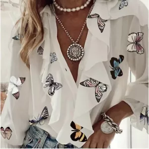 NWOT BUTTERFLY PRINT RUFFLE HEM BLOUSE V-NECK LONG SLEEVES CASUAL WESTERN SMALL - Picture 1 of 3