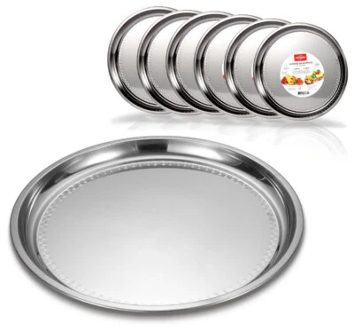 6x Vassoio Piatto In Acciaio Inox Portata Cucina rotondo da 28 a 38 cm servizio - Immagine 1 di 4