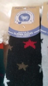 Sherpa Fleece Lined Socks Slipper Socks Non Slip Black Stars 3-6y (9-1 Shoe Sz) - Picture 1 of 4