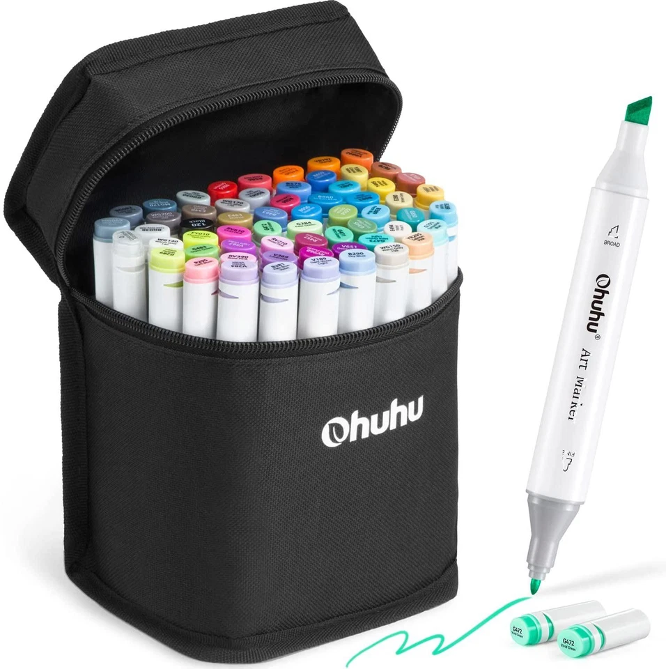 Ohuhu 60 Colors + 1 Colorless Alcohol Marker Blender - Chisel & Fine Dual Tips